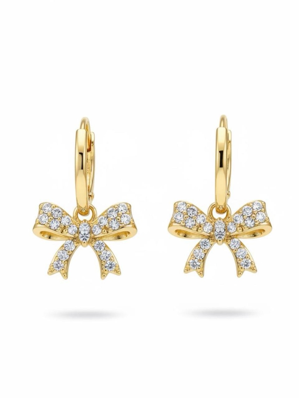 Gold Bow Crystal Drop Earrings with Lever-Back Closures